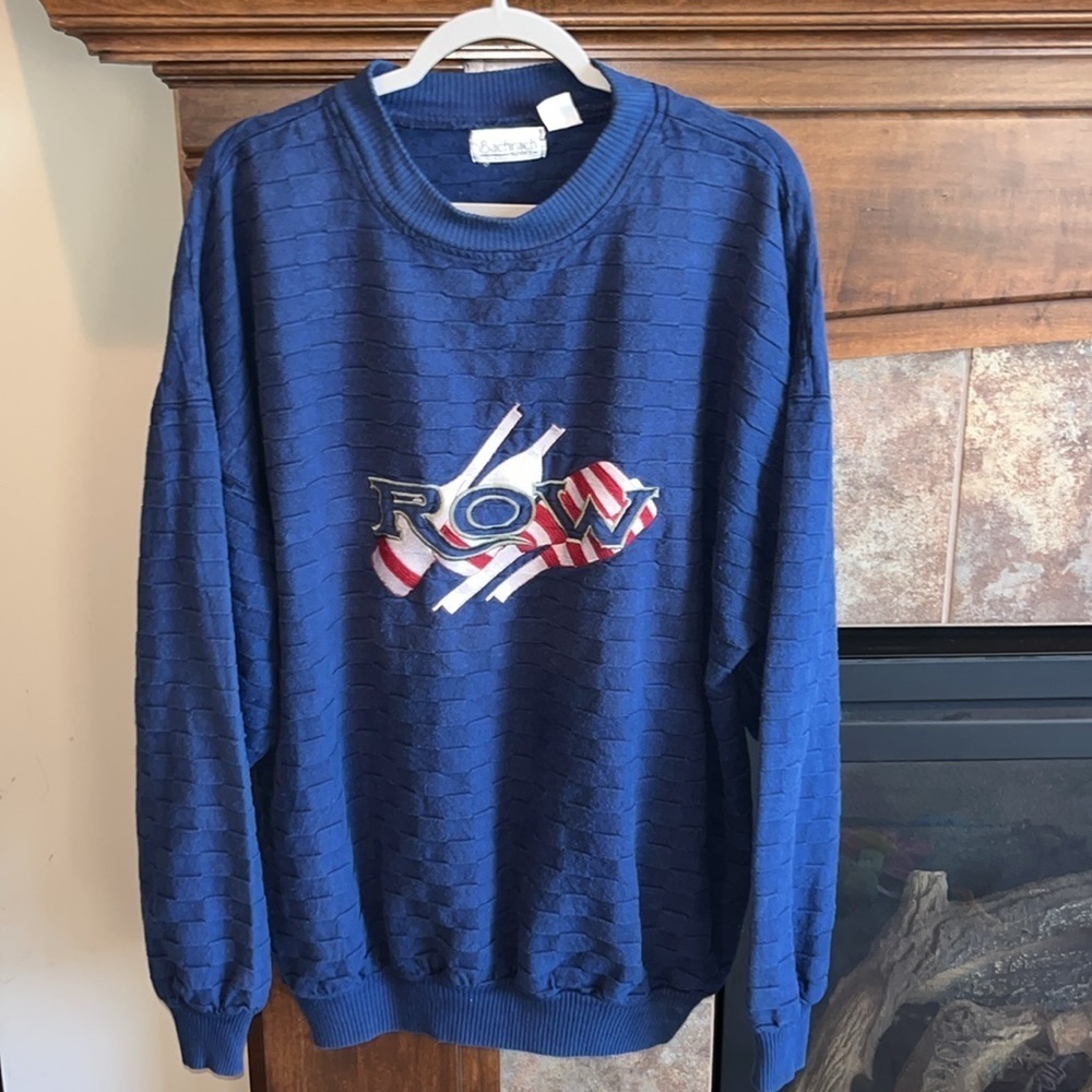 Vintage navy basketweave sweatshirt embroidered rowing preppy country club XL